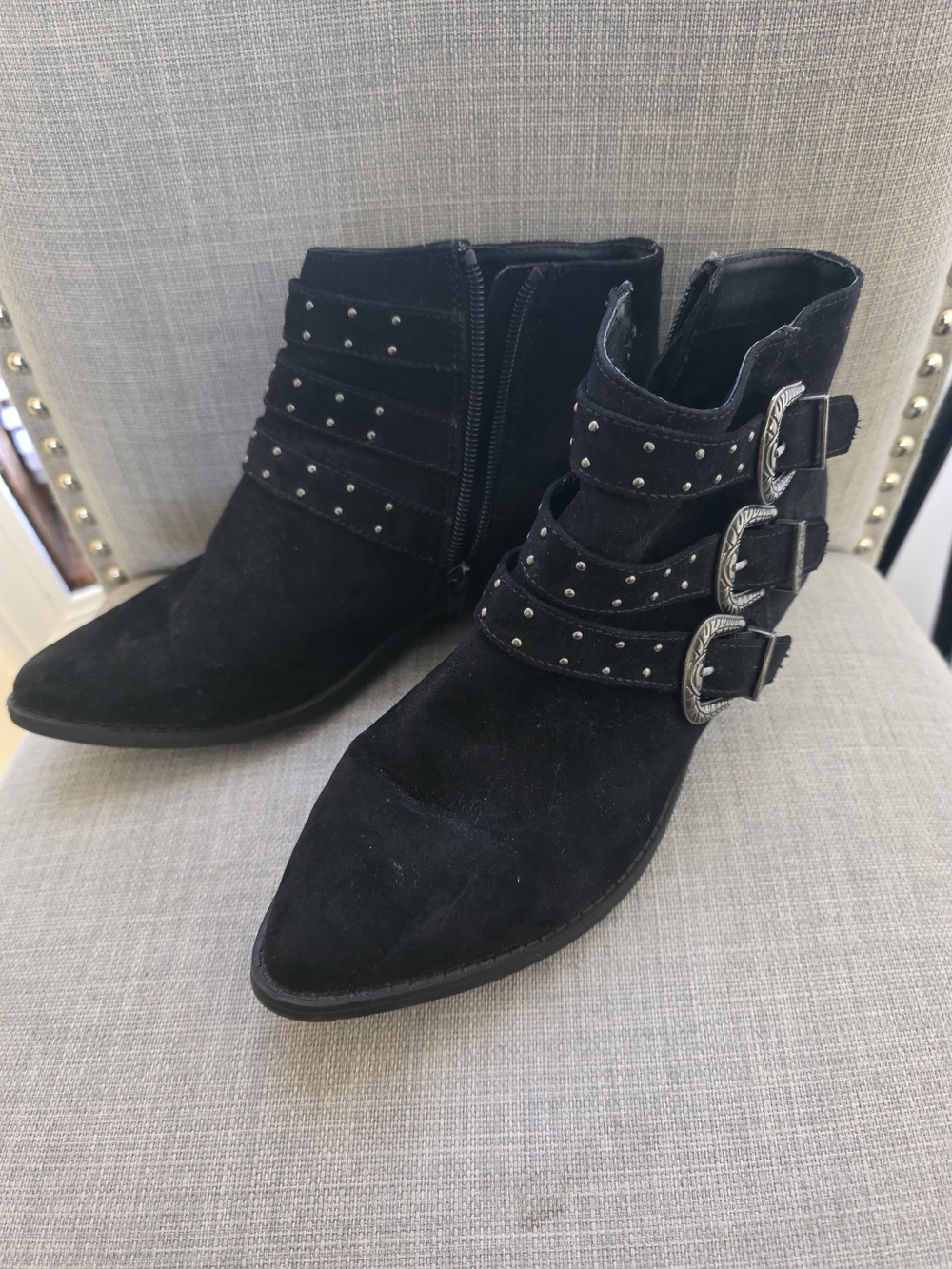 Studded Triple-Buckle Black Suede Ankle Booties
